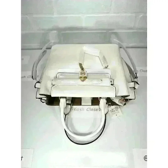Michael Kors Satchel Hamilton Legacy SM Studded Leather Belted Purse Optic White - Picture 11 of 12